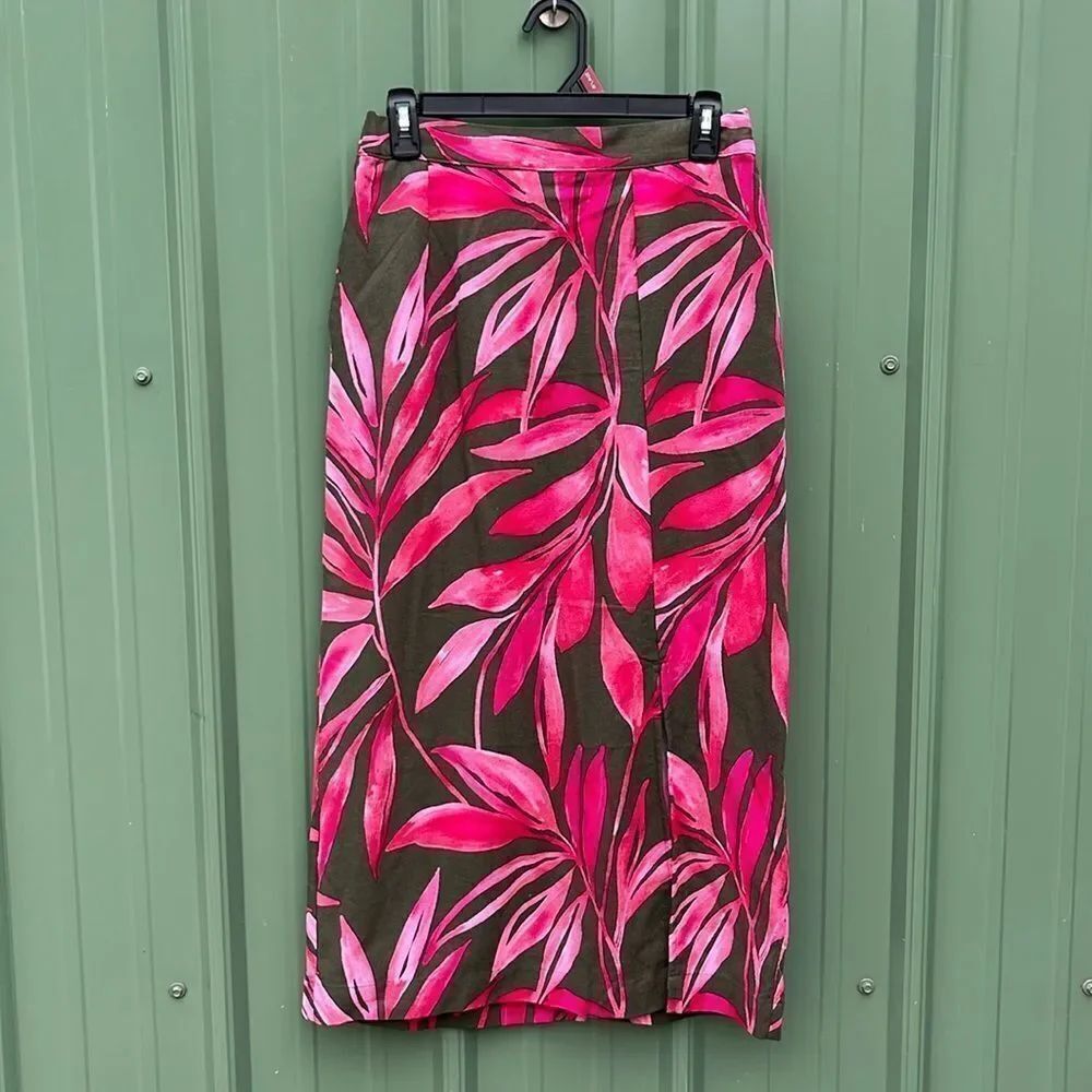 Women's Hawaiian Tropical Print Linen-Blend Slip Skirt with Side Slit, Size S